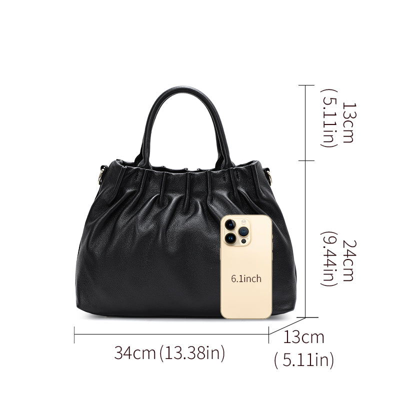 Genuine Cowhide Womens Handbag,Gathered Pebbled Cloud Tote,Detachable Strap Large Capacity Crossbody Purse