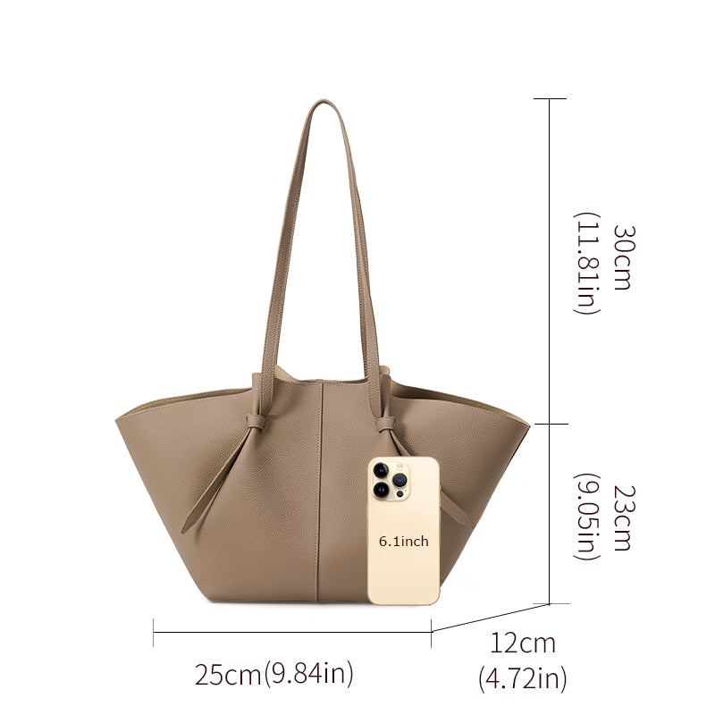 Genuine Cowhide Womens Shoulder Tote Bag,Pebbled Fan Shaped 子母 Purse,Apricot Large Capacity Commute Handbag With Drawstring Inner Pouch