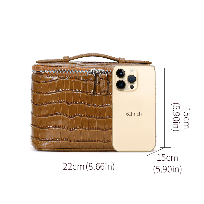 Genuine Cowhide Womens Cosmetic Case,Crocodile Embossed Structured Handheld Multi Compartment Travel Makeup Organizer