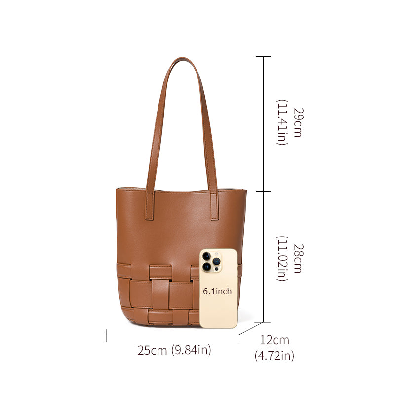 Genuine Cowhide Vertical Woven Bucket Tote Handbag,Detachable Zipper Storage Pouch Multi Layer Pocket Magnetic Snap Womens Daily Commute Shoulder Purse