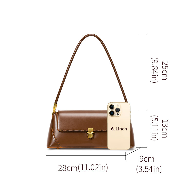 Genuine Cowhide Womens Underarm Shoulder Bag,Smooth Glossy Leather Retro Flap Handbag,Long Strap Rectangular Shoulder Purse
