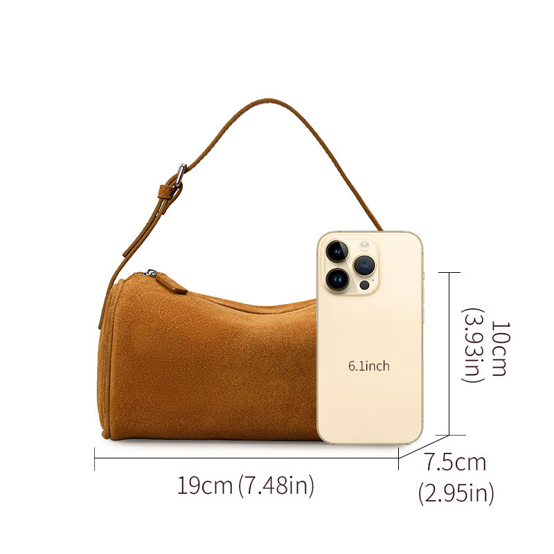 Genuine Cowhide Womens Bag,Suede Cylindrical Mini Underarm Purse,Adjustable Strap Vintage Daily Crossbody Shoulder Bag