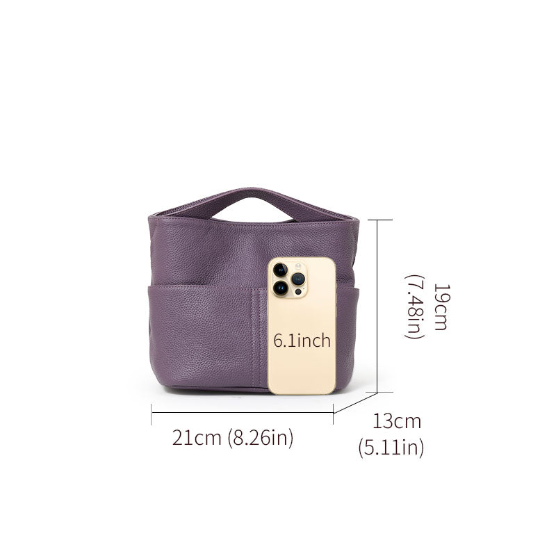 Genuine Cowhide Lightweight Mini Tote Handbag,Adjustable Shoulder Strap Open Top Multi Layer Storage Minimal Daily Womens Crossbody Bucket Bag