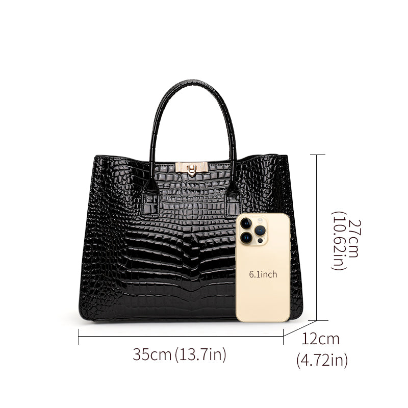 Genuine Cowhide Womens Tote Bag,Gloss Crocodile Embossed Structured Handbag,Detachable Strap Large Capacity Office Crossbody Purse