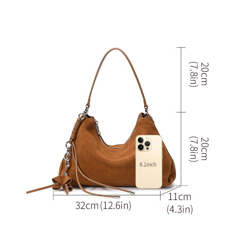 Genuine Cowhide Womens Bag,Matte Suede Crescent Hobo,Detachable Adjustable Strap,Tassel Decor Underarm Shoulder Handbag