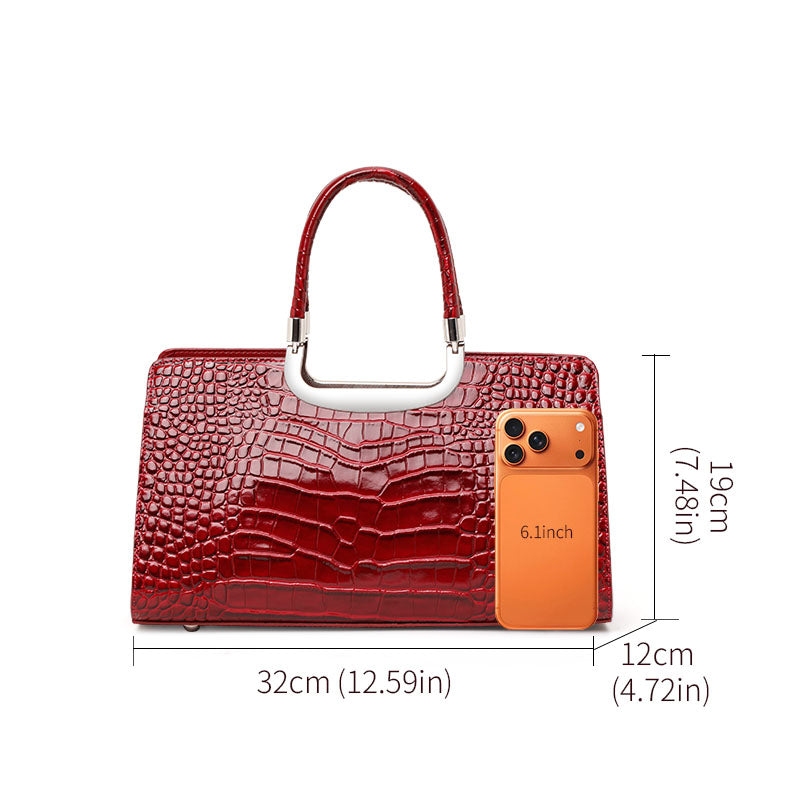 Genuine Cowhide,Glossy Crocodile Grain,Rectangle Tote Bag,Women Convertible Work Bag,Hand Cross Carry,Office Business Trip