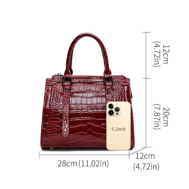 Genuine Cowhide Womens Bag,Glossy Croc Embossed Structured Tote,Detachable Shoulder Strap Large Business Handbag