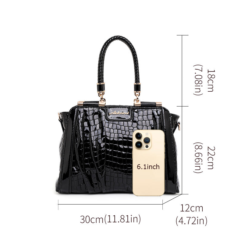 Genuine Cowhide Glossy Crocodile Embossed Womens Doctor Handbag,Black Multi Compartment Detachable Chain Single Shoulder Bag