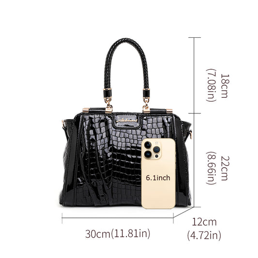 Genuine Cowhide Glossy Crocodile Embossed Womens Doctor Handbag,Black Multi Compartment Detachable Chain Single Shoulder Bag