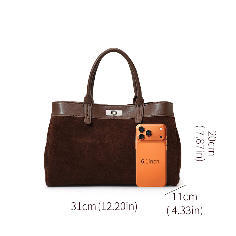 Genuine Cowhide,Suede Mix Grain,Lock Handbag,Vintage Adjustable Crossbody Bag,Hand Shoulder Carry,Daily Leisure Trip