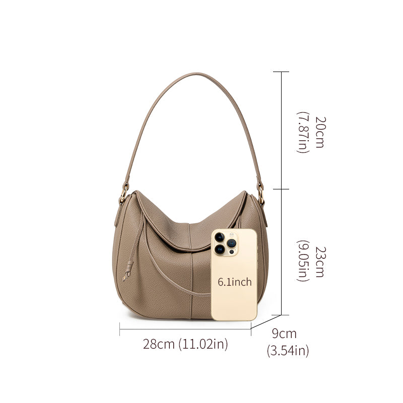 Genuine Cowhide Pebbled Crescent Hobo Shoulder Bag,Detachable Adjustable Cross Strap Magnetic Flap Multi Compartment Womens Two Way Carry Purse
