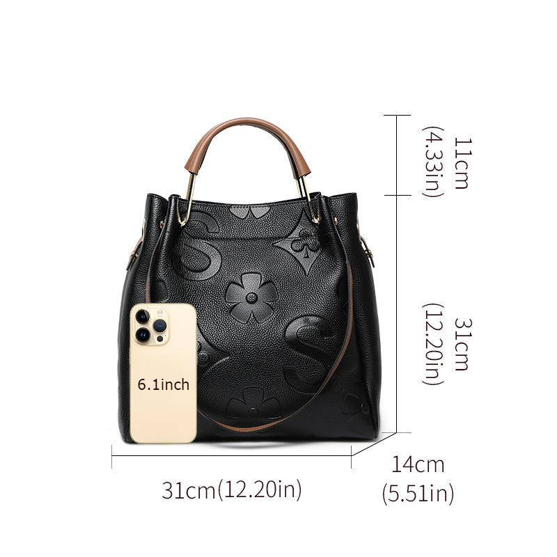 Genuine Cowhide Embossed Floral Large Soft Tote Handbag Women Detachable Wide Shoulder Strap Multi Pocket Daily Commute Travel Bag With Matching Pouch