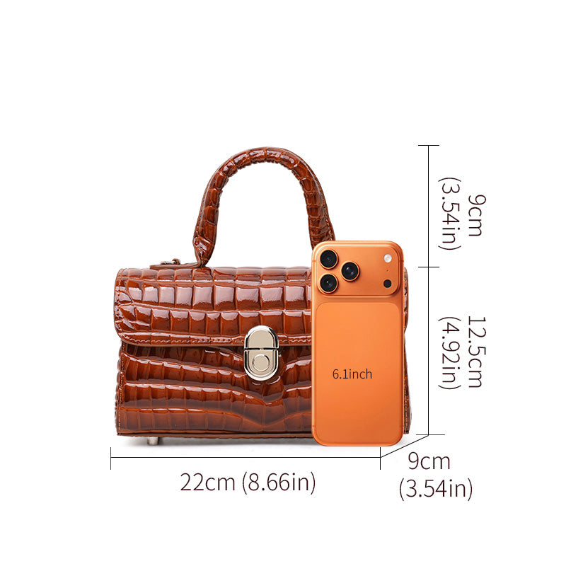 Genuine Cowhide Womens Handbag,Glossy Crocodile Embossed Mini Box Bag,Flip Lock Detachable Strap Crossbody Purse