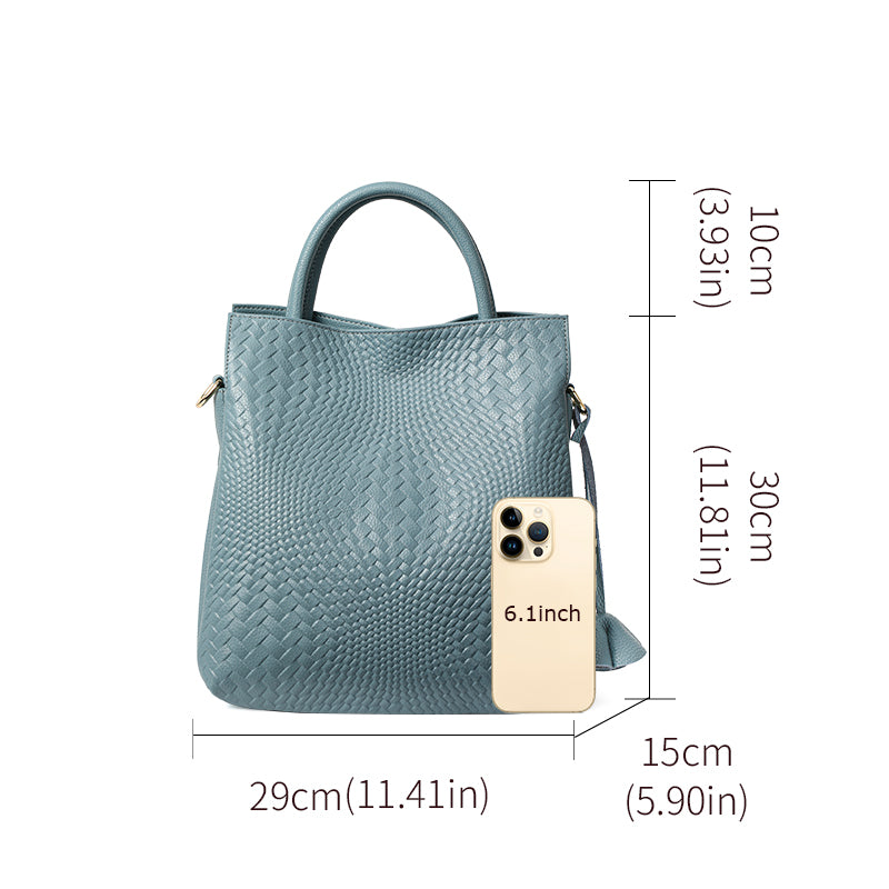 Genuine Cowhide Womens Woven Tote Handbag,Multi Color Vertical Shoulder Purse,Detachable Crossbody Strap Large Capacity Daily Bag