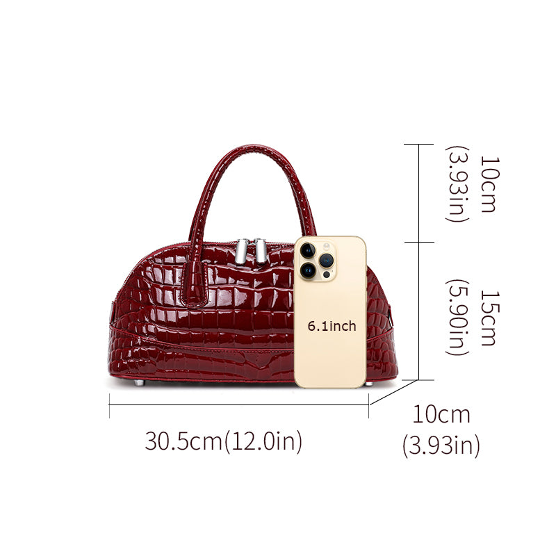Genuine Cowhide Womens Handheld Crossbody Bag,Glossy Crocodile Embossed Shell Purse,Detachable Strap Vintage Evening Handbag