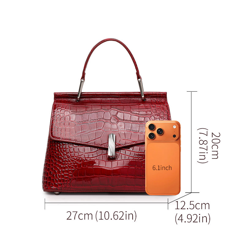 Genuine Cowhide,Glossy Crocodile Grain,Flap Handheld Bag,Vintage Women Adjustable Crossbody Bag,Hand Carry,Cross Shoulder Carry,Daily Commute,Party Trip
