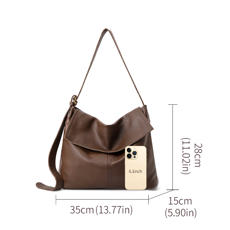 Genuine Cowhide Womens Flap Shoulder Tote,Pebbled Grain Large Capacity Hobo,Multi Compartment Crossbody Carry Bag