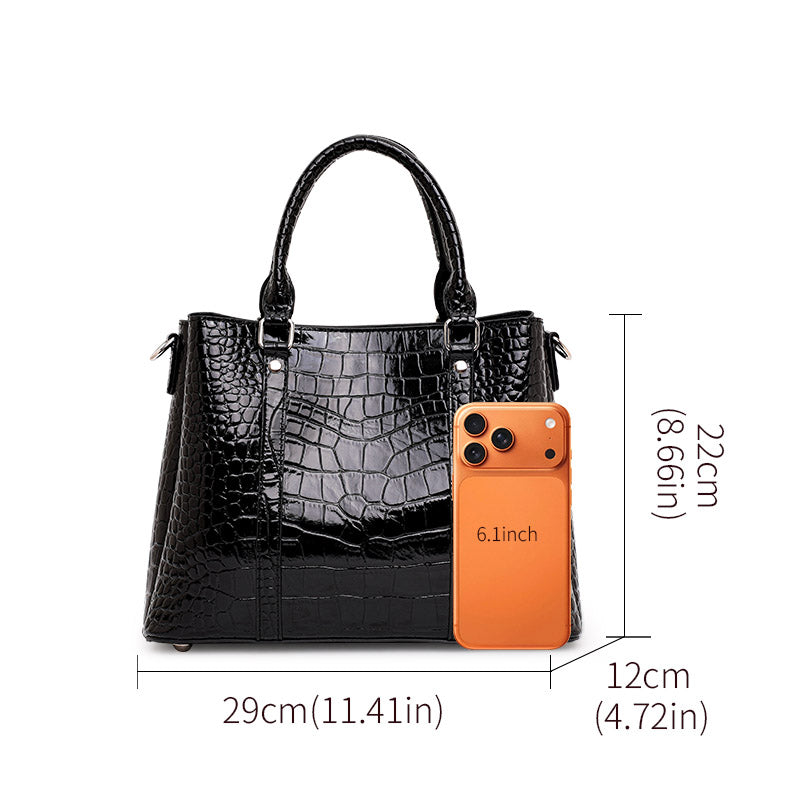 Top Layer Cowhide Women Tote Bag,Glossy Crocodile Embossed Trapezoid Handbag Detachable Shoulder Strap Multi Compartment