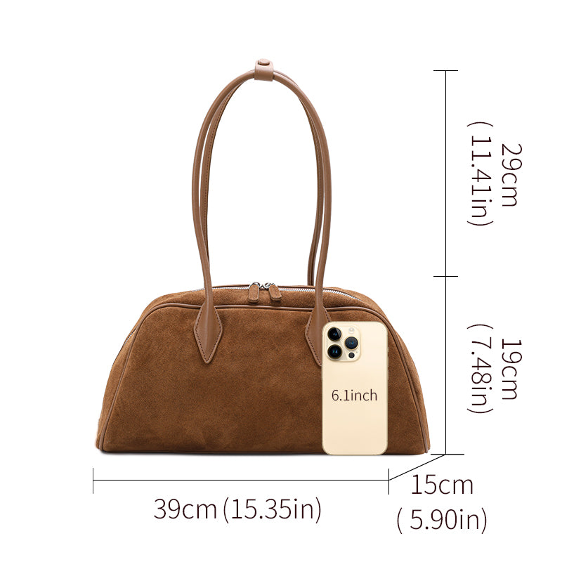 Genuine Suede Cowhide Womens Shoulder Bag,Long Pillow Underarm Tote,Retro Large Capacity Handheld Purse