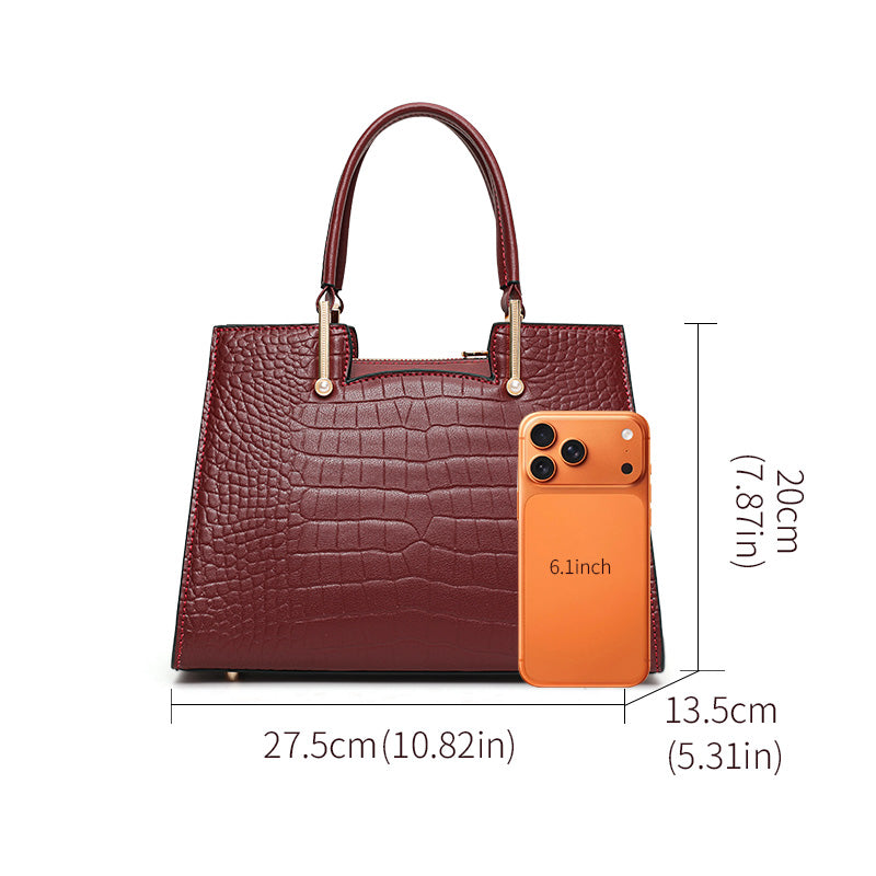 Genuine Cowhide Women Tote Bag,Crocodile Grain Trapezoid Handbag Detachable Crossbody Strap Multi Inner Pockets