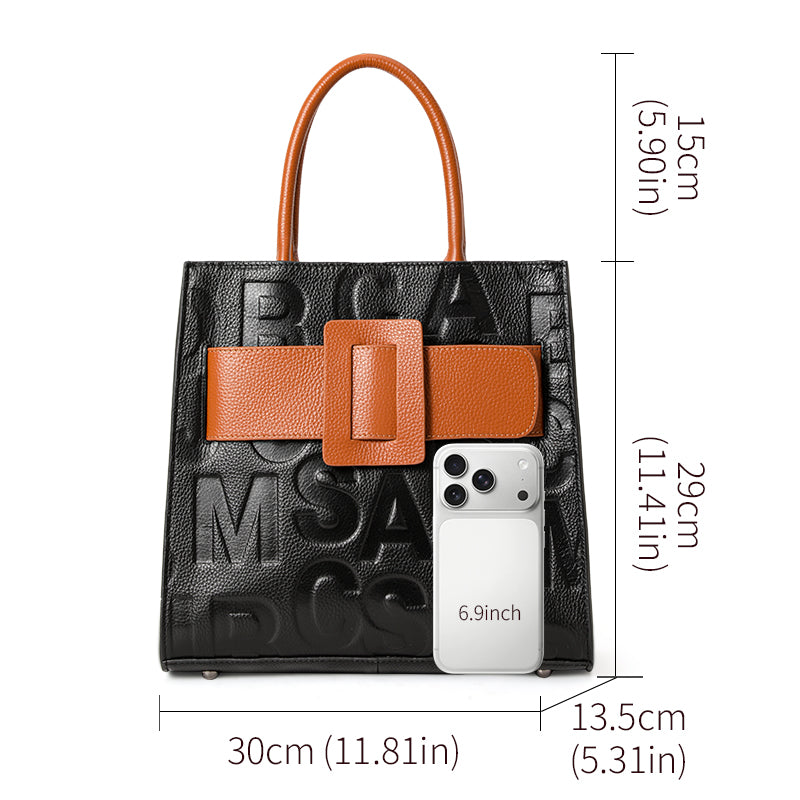 Genuine Cowhide Womens Handheld Tote Bag,Embossed Letter Square Handbag,Two Tone Buckle Large Capacity Office Purse With Multi Layer Inner Pockets