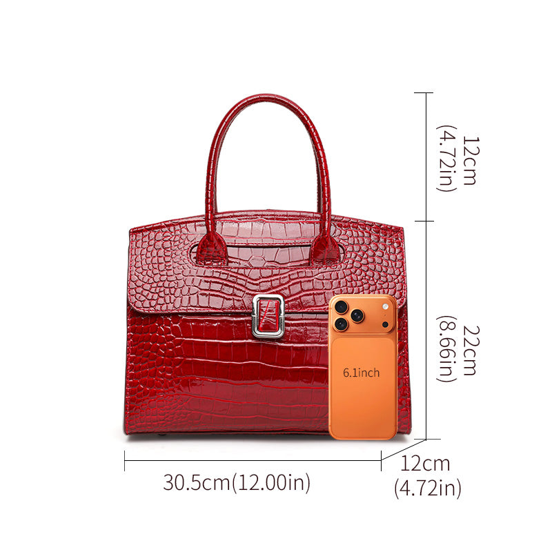 Genuine Cowhide,Glossy Crocodile Grain,Flap Tote Bag,Women Convertible Work Bag,Hand Carry,Cross Shoulder Carry,Office Commute,Business Trip