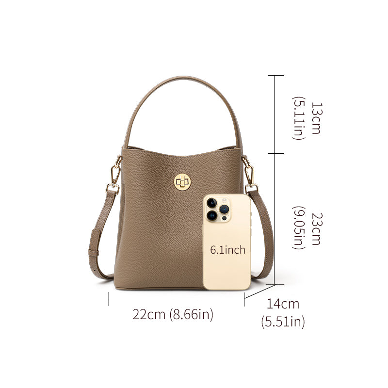 Genuine Cowhide Lightweight Bucket Handbag,Detachable Wide Narrow Straps Twist Lock Simple Everyday Womens Handheld Shoulder Crossbody Bag