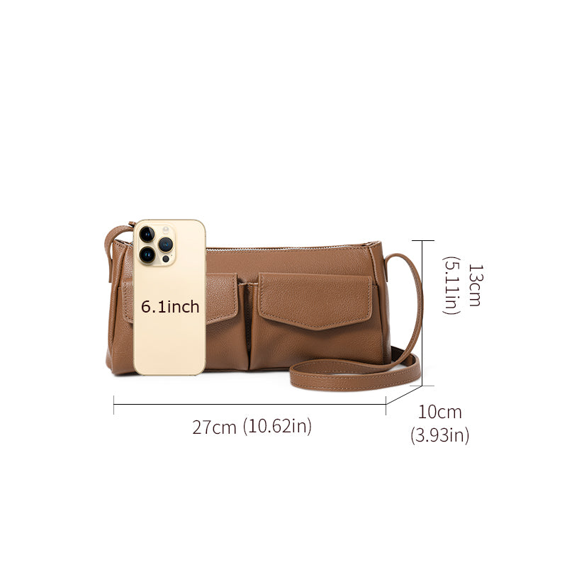 Genuine Cowhide Textured Rectangle Shoulder Bag Women,Adjustable Leather Crossbody Strap Multi Pocket Lightweight Office Handbag