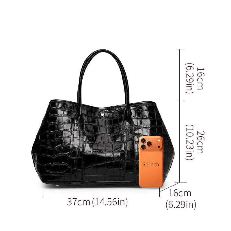 Genuine Cowhide,Glossy Crocodile Grain,Open Top Large Tote Bag,Women Lightweight Convertible Bag,Hand Carry,Shoulder Carry,Office Commute,Daily Travel