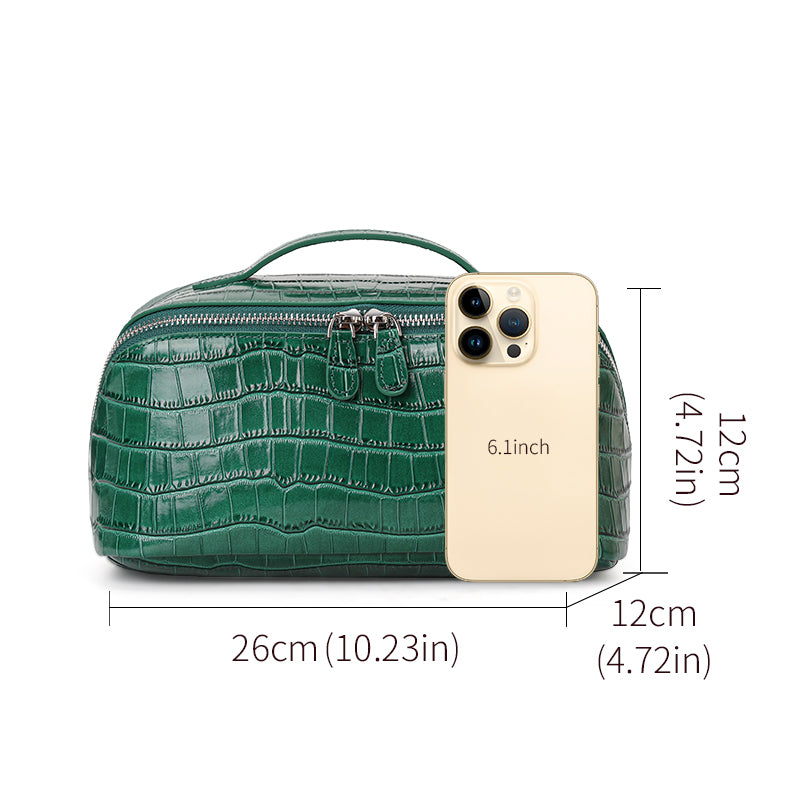 Genuine Cowhide Womens Cosmetic Bag,Crocodile Embossed Rounded Structured Handheld Large Capacity Multi Compartment Travel Toiletry Pouch