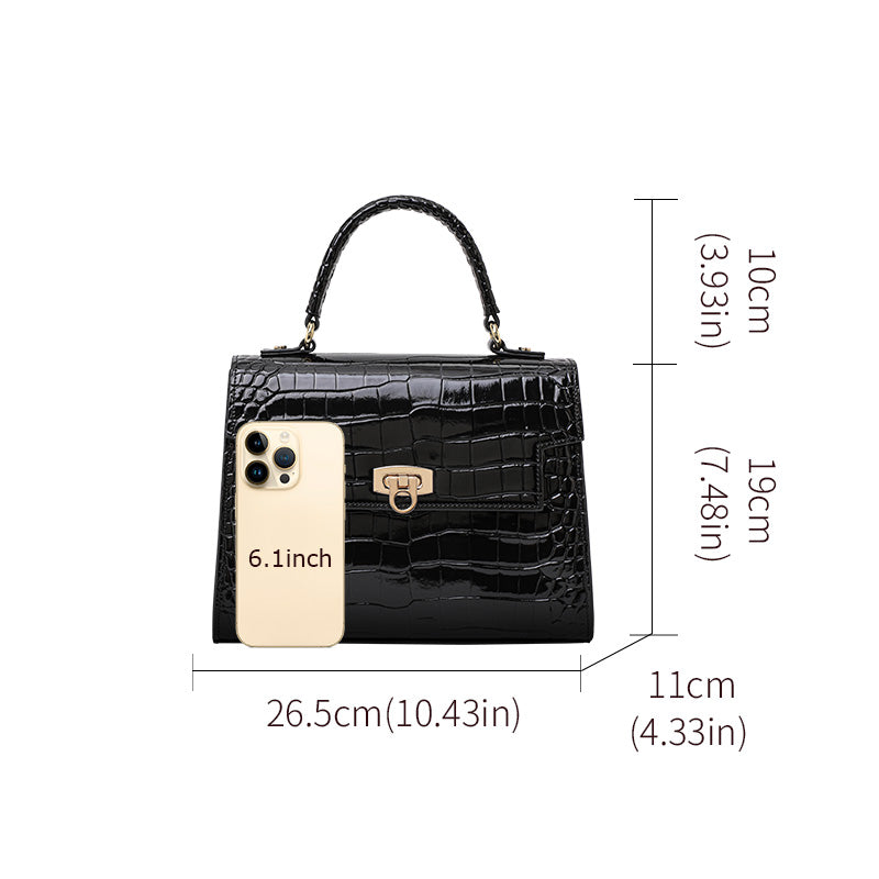 Genuine Cowhide Glossy Crocodile Embossed Flap Handbag,Detachable Crossbody Strap Twist Lock Multi Compartment Womens Two Way Carry Square Purse