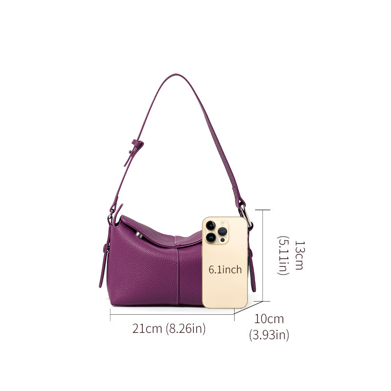 Genuine Cowhide Pebbled Horizontal Hobo Shoulder Bag,Adjustable Strap Extension Magnetic Flap Multi Compartment Womens Two Way Carry Purse