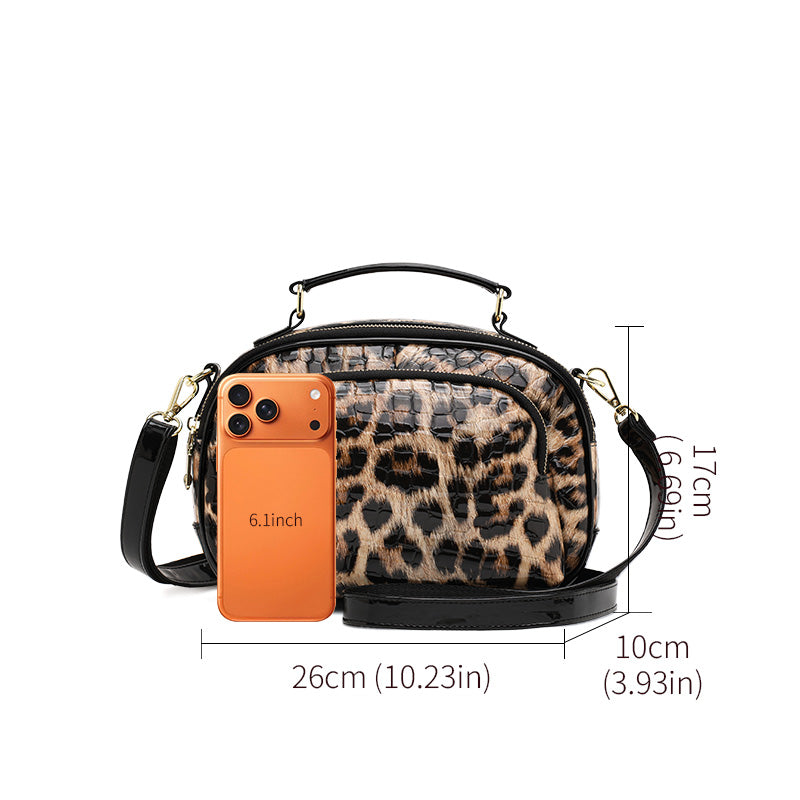 Top Layer Cowhide Women Crossbody Bag,Glossy Croc Leopard Print Oval Camera Bag Wide Adjustable Strap Multi Pocket