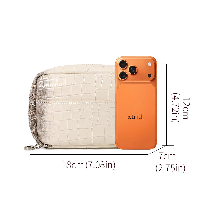Genuine Cowhide Womens Makeup Pouch,Gradient Croc Embossed Case,Multi Internal Pocket Portable Travel Cosmetic Storage Bag