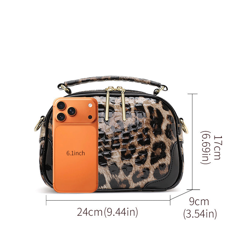 Top Layer Cowhide Women Crossbody Bag,Glossy Croc Leopard Print Mini Oval Camera Bag Adjustable Strap Multi Pocket