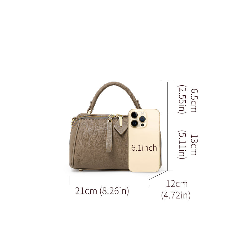 Genuine Cowhide Pebbled Mini Pillow Handbag,Adjustable Detachable Crossbody Strap Double Zipper Multi Compartment Womens Two Way Carry Purse