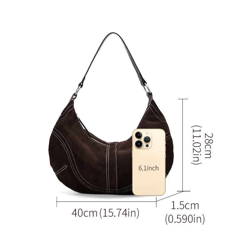 Genuine Suede Cowhide Womens Crescent Hobo Bag,Handheld Underarm Purse,Adjustable Strap Coffee Shoulder Bag