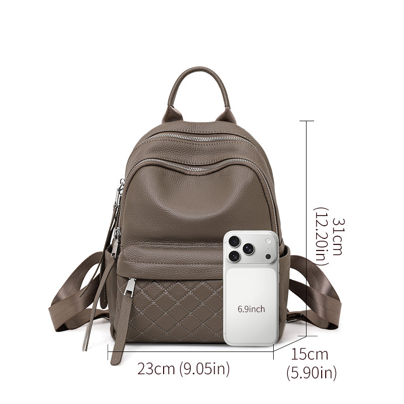 Genuine Cowhide Womens Backpack,Pebbled Quilted Multi Pocket Rucksack,Adjustable Wide Strap Anti Theft Travel Daypack