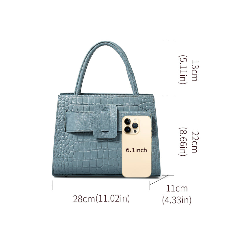 Genuine Cowhide Crocodile Embossed Womens Structured Tote Handbag,Two Color Multi Compartment Detachable Strap Shoulder Bag