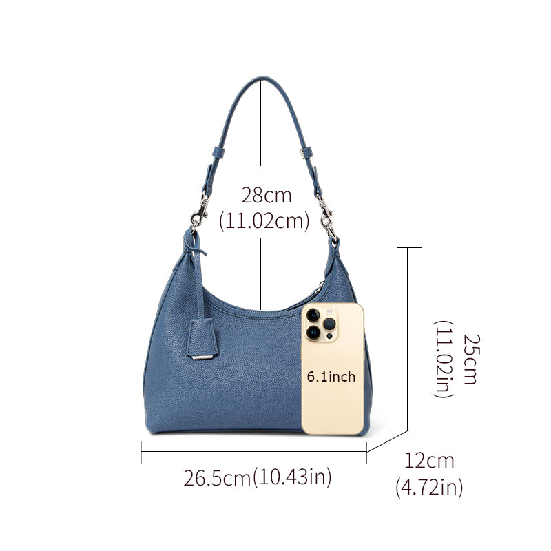 Genuine Cowhide Litchi Grain Crescent Hobo Purse,Adjustable Detachable Shoulder Strap Multi Compartment Womens Underarm Crossbody Handbag
