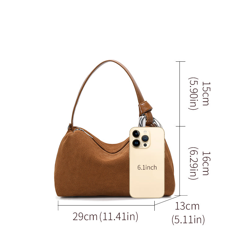 Genuine Suede Cowhide Womens Hobo Bag,Curved Crescent Handheld Purse,Detachable Strap Retro Caramel Coffee Crossbody Bag