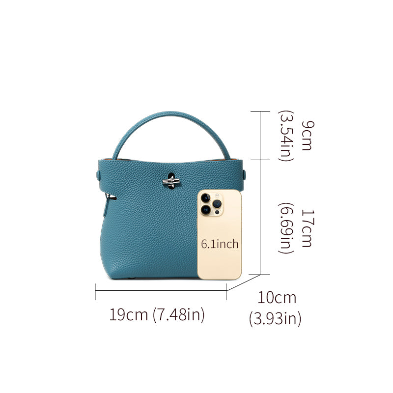 Genuine Cowhide Pebbled Mini Bucket Handbag,Detachable Adjustable Crossbody Strap Twist Lock Multi Compartment Womens Two Way Carry Purse