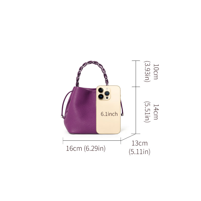 Genuine Cowhide Womens Mini Bucket Bag,Braided Handle Drawstring Crossbody Purse,Pebbled Leather Portable Daily Storage Pouch