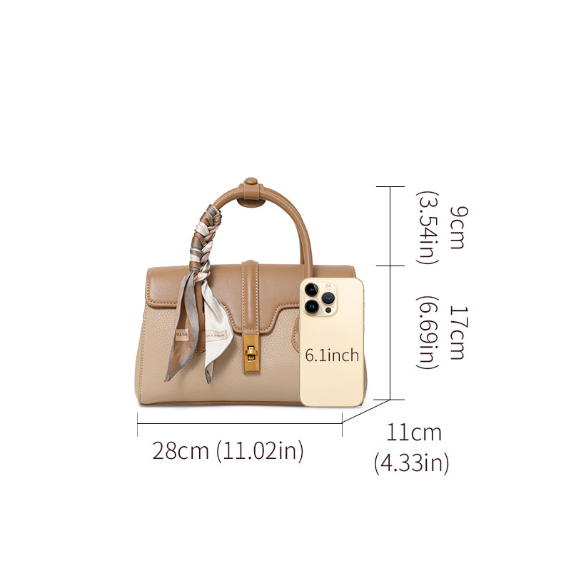 Genuine Cowhide Two Tone Pebbled Flap Handbag,Detachable Adjustable Crossbody Strap Twist Lock Multi Compartment Womens Two Way Carry Purse