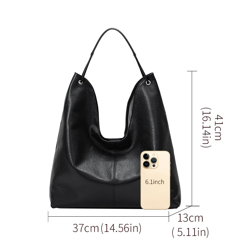 Genuine Cowhide Women's Bag, Grain Soft U-Shape Tote, Detachable Storage Pouch, Multi-Compartment Large Commuter Shoulder Handbag