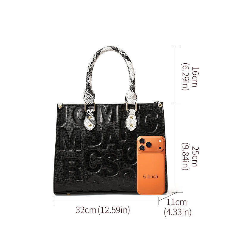 Genuine Cowhide,Embossed Letter Pebble Grain,Square Tote Bag,Women Convertible Work Bag,Hand Carry,Cross Shoulder Carry,Office Commute,Short Travel