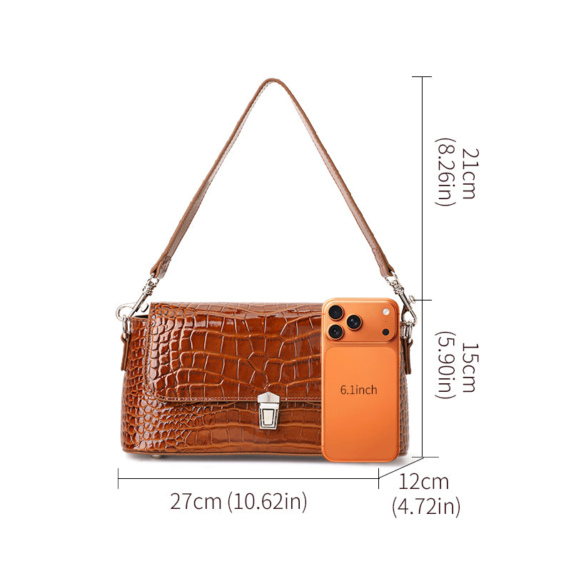 Genuine Cowhide,Glossy Crocodile Grain,Flap Underarm Bag,Vintage Adjustable Crossbody Bag,Single Cross Carry,Daily Leisure Travel