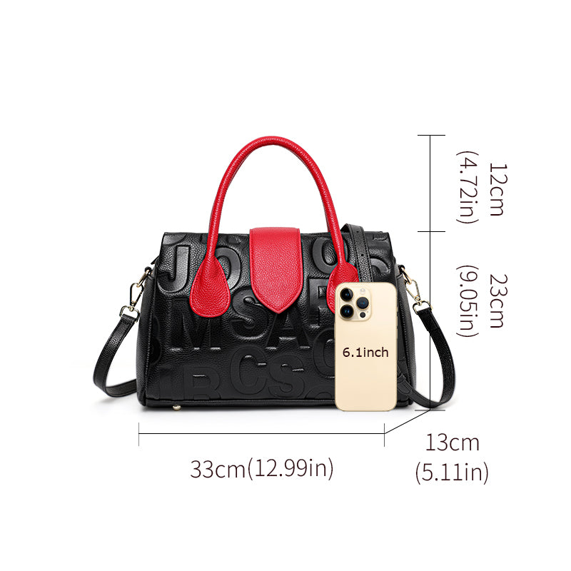 Genuine Cowhide Embossed Letter Color Block Womens Structured Pillow Handbag,Pebbled Multi Compartment Adjustable Crossbody Shoulder Bag