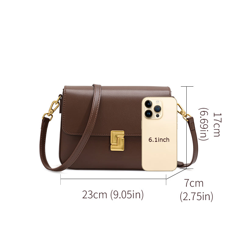 Genuine Cowhide Womens Shoulder Crossbody Bag,Smooth Plain Leather Flap Square Purse,Adjustable Strap Vintage Commute Handbag