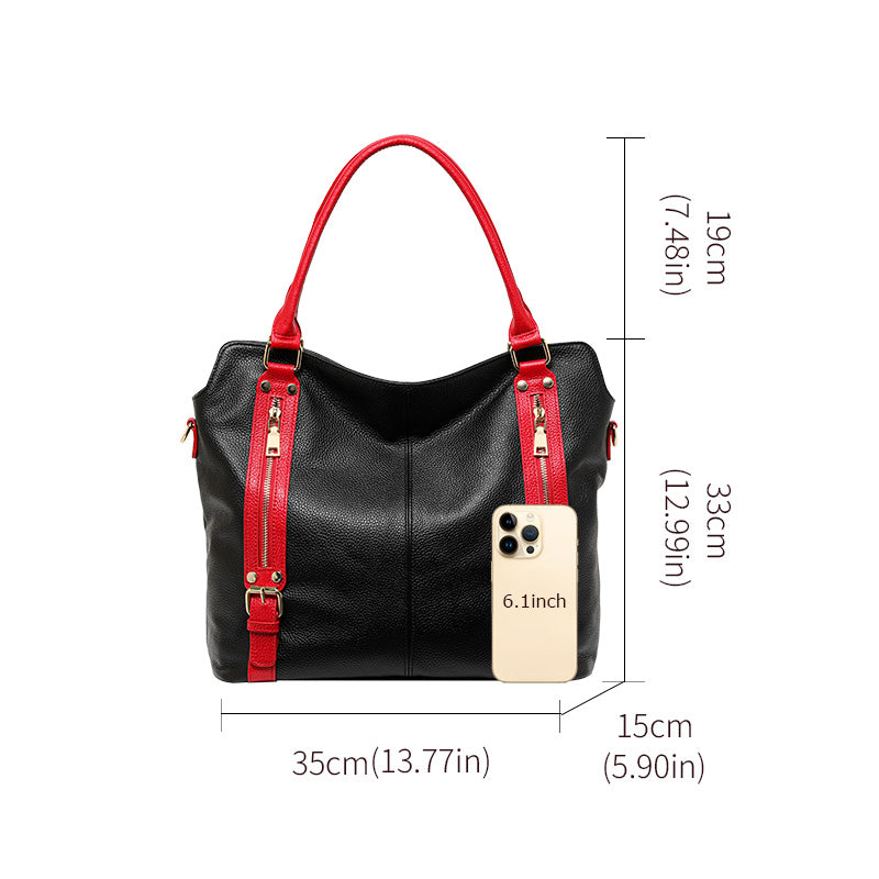 Genuine Cowhide Color Block Pebbled Womens Oversized Hobo Tote Bag,Soft Spacious Multi Zipper Pocket Travel Crossbody Shoulder Handbag